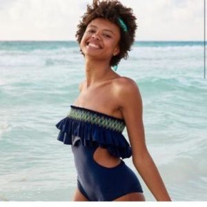 Aerie One Piece Blue Strapless Ruffle Suit
